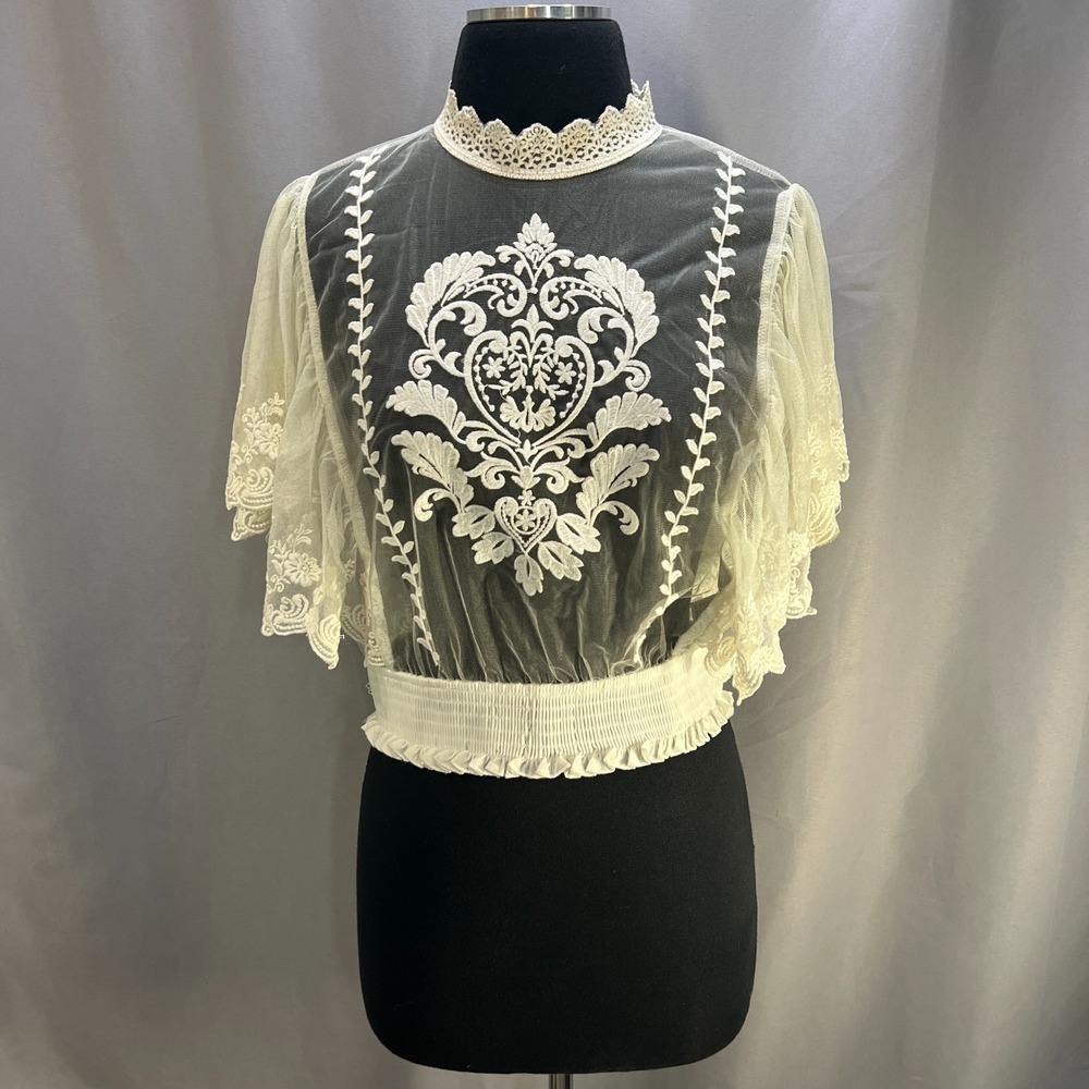 Forever 21 Sheer Cropped Blouse Top Womens Medium Beige Embroidered Lace Trim